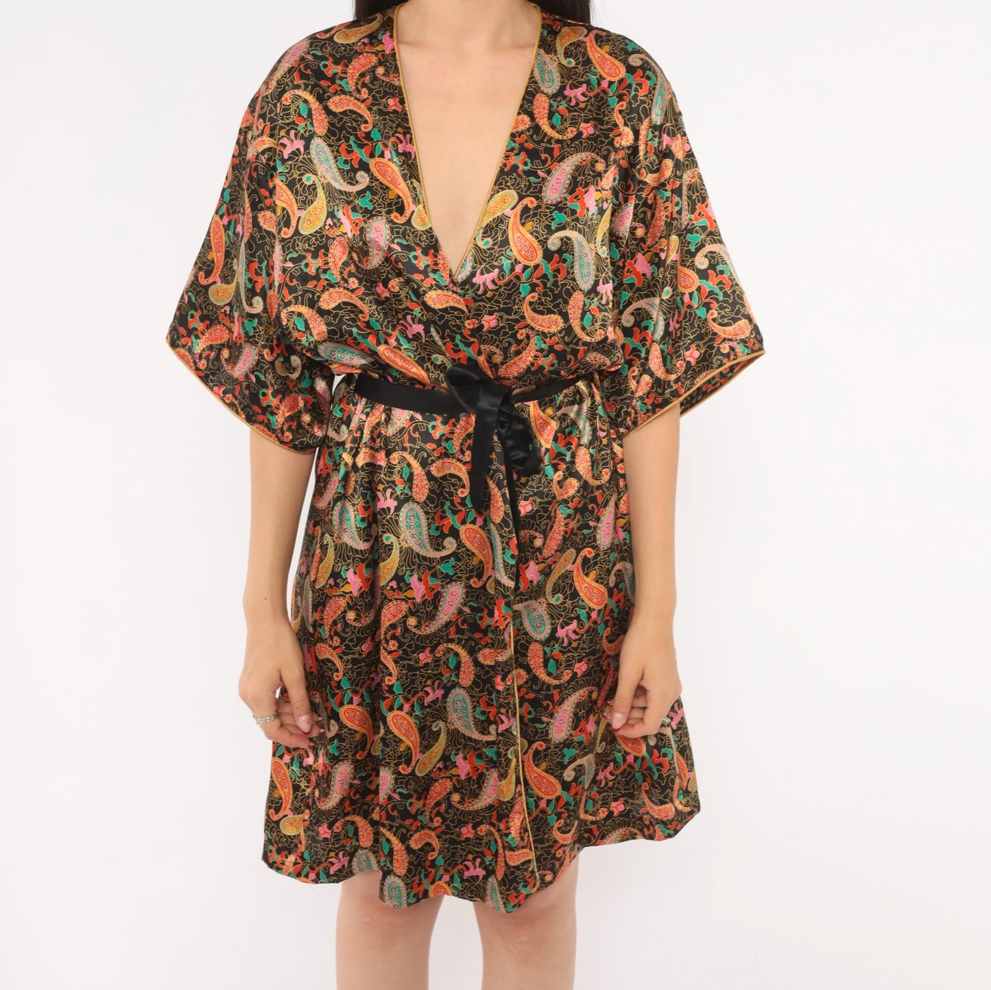 90s Barbizon Paisley Kimono Robe Wrap Front Tie Belt Black Gold Teal Pink Small