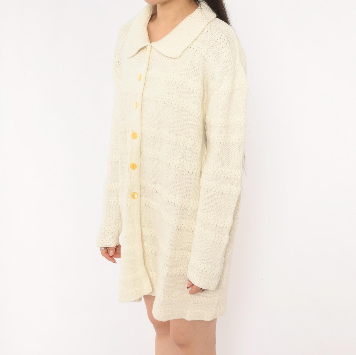 70s Cream Knit Cardigan Button Front Lacework Bands Long Sleeve Extra Large XL
