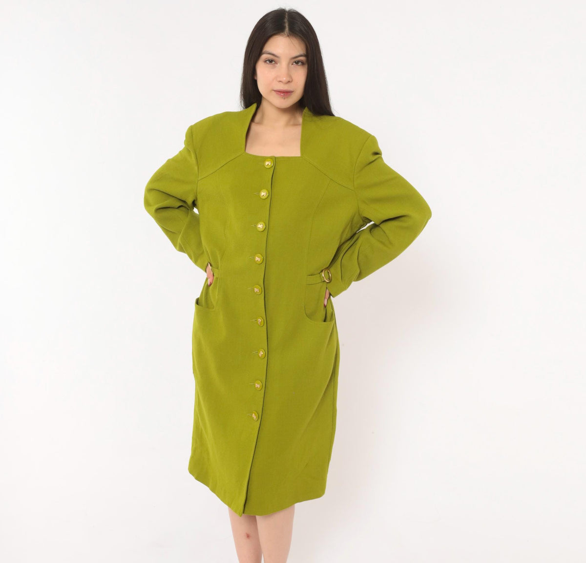 80s Lauren Taylor Wool Coat Dress Olive Green Gold Buttons Power Dressing Large L