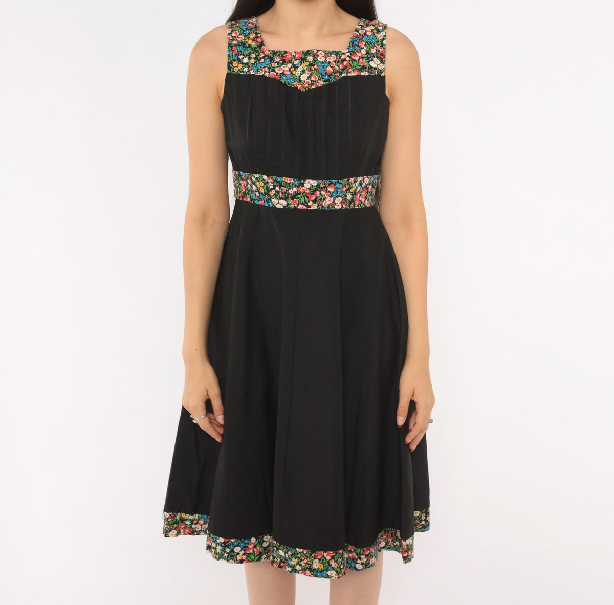 70s Tracy Petites Black Floral Calico Sundress Square Neck Tie Back XS