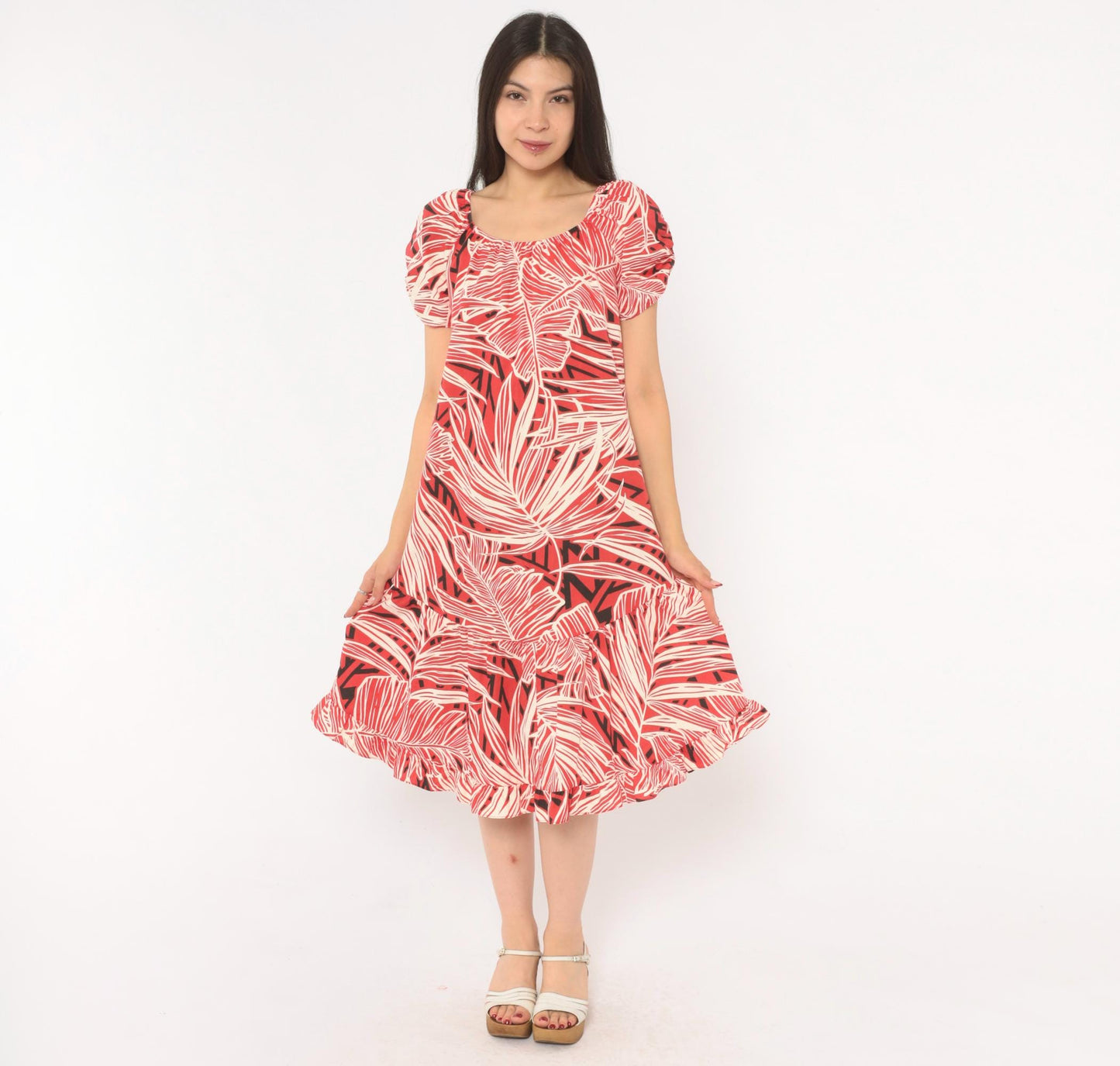 80s Me-Too Tropical Leaf Print Dress Red White Puff Sleeve Knee-Length XS