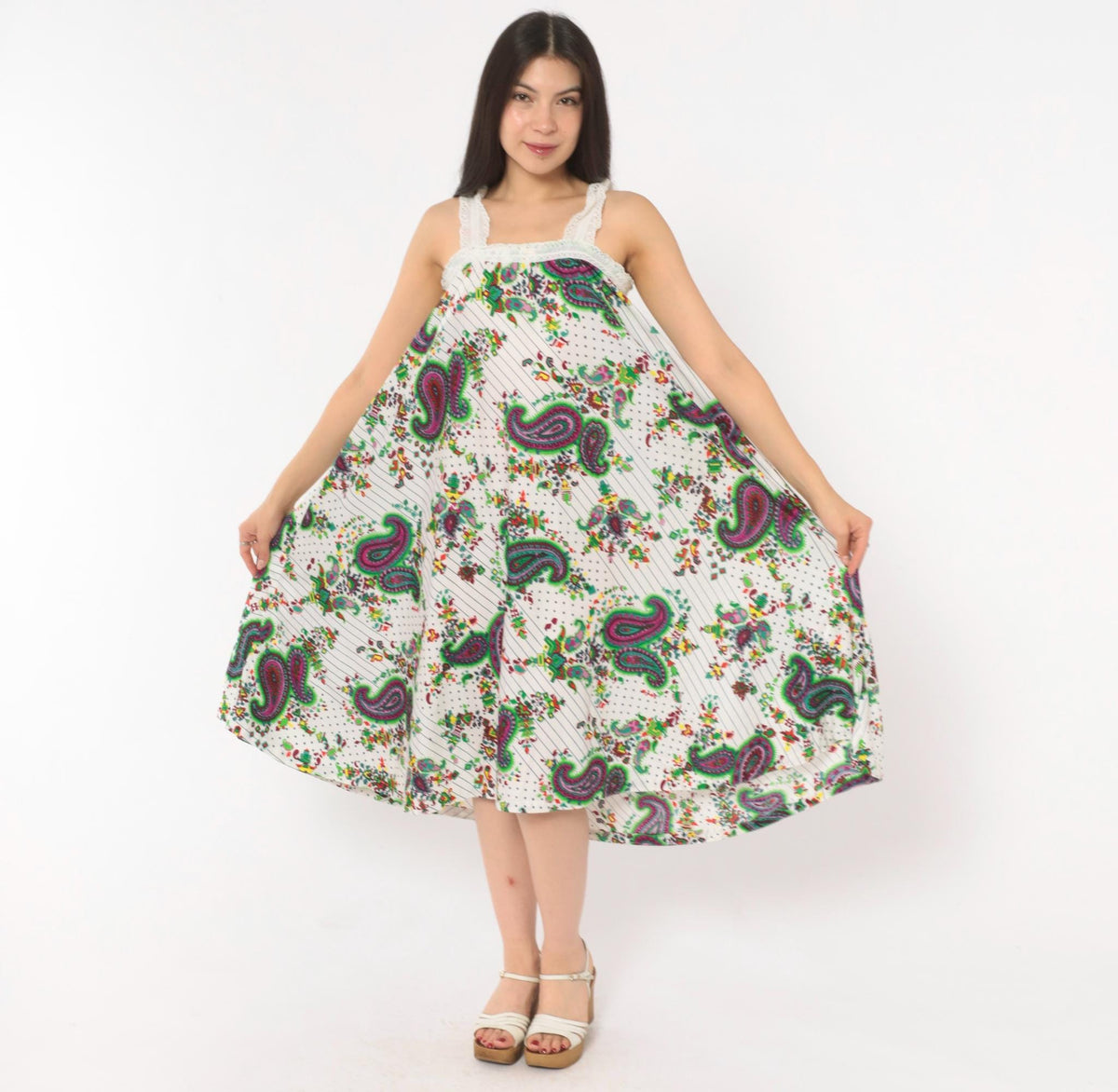70s Paisley Floral Sundress White Green Purple Eyelet Lace Midi Extra Small
