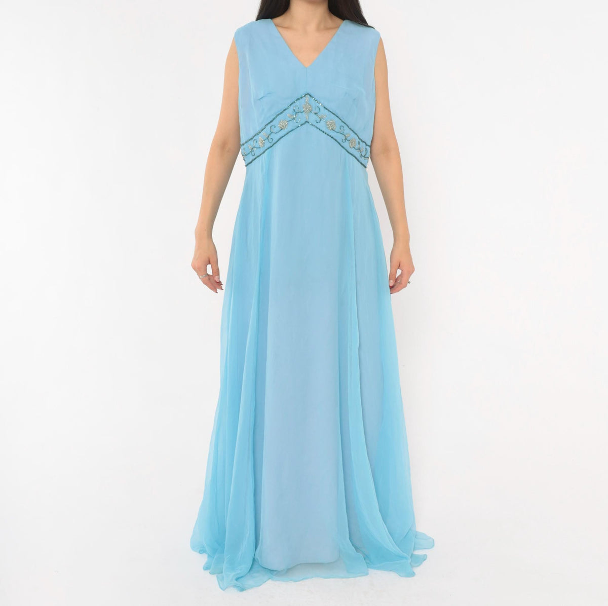 70s Elgin Dress Sky Blue Empire Waist Maxi Gown Beaded V Neck Large L