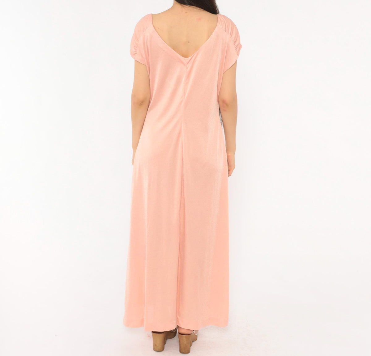 70s Blush Pink Maxi Dress Cap Sleeve Scoop Neck A-Line Large