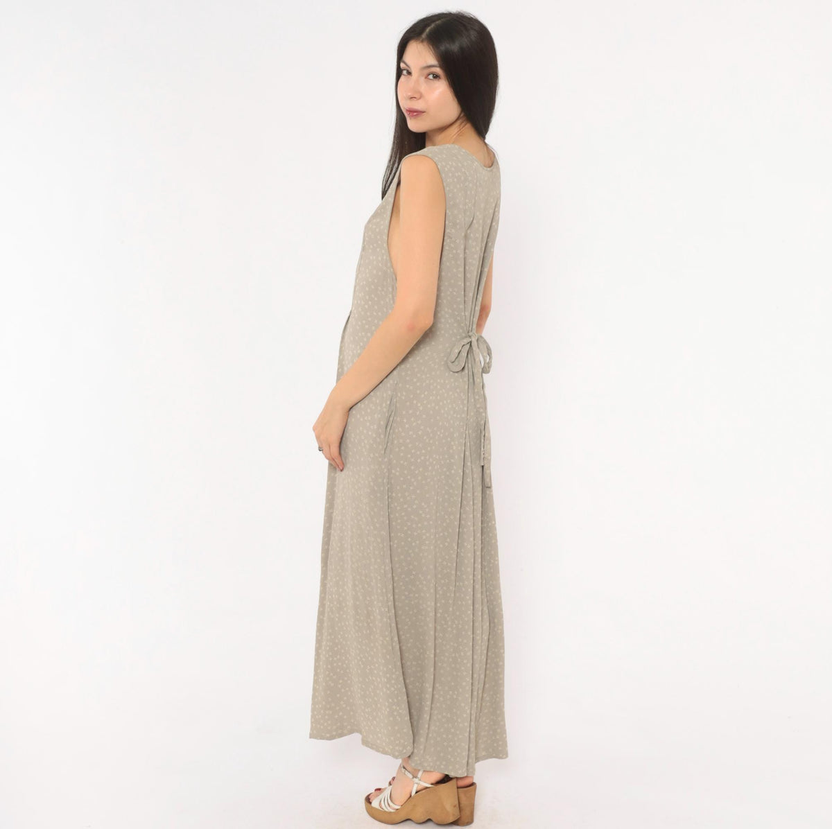 90s Bryn Connelly Ditsy Floral Maxi Dress Grey Cream Button Front Large L