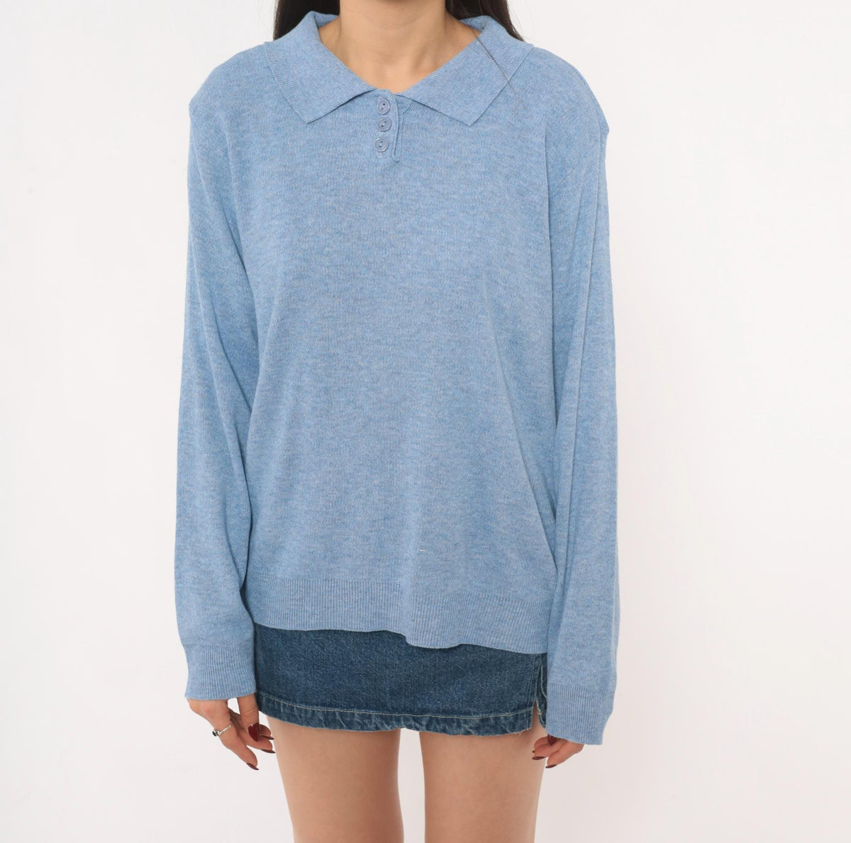 90s Blair Powder Blue Polo Sweater Knit Collar Button Pullover Medium
