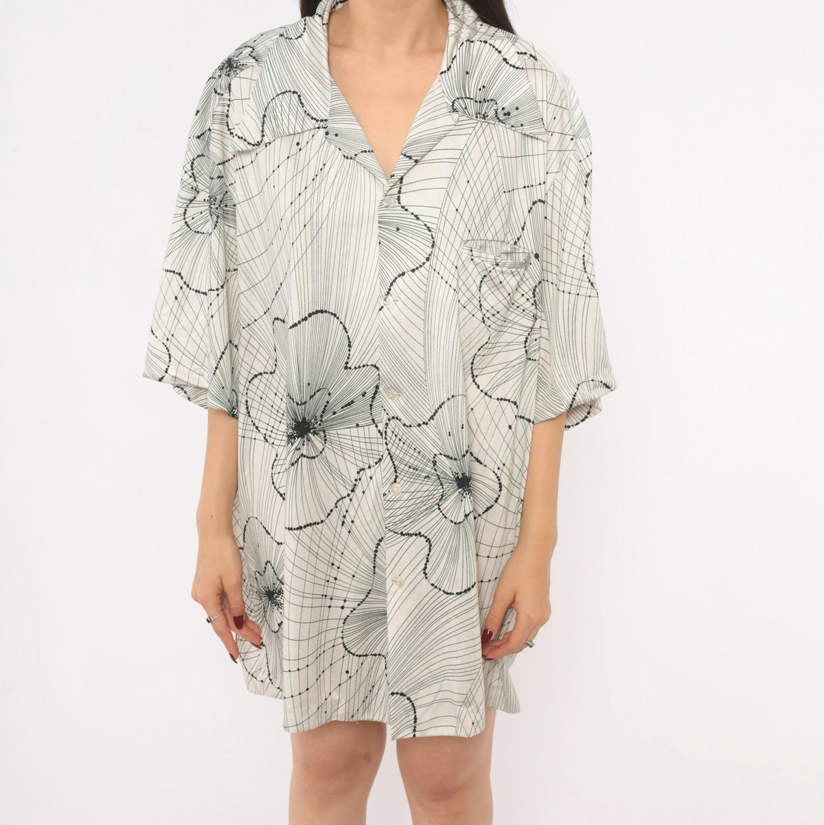 70s Kramers Honolulu Hawaiian Shirt Black Floral Line Art White Plus Size XXL