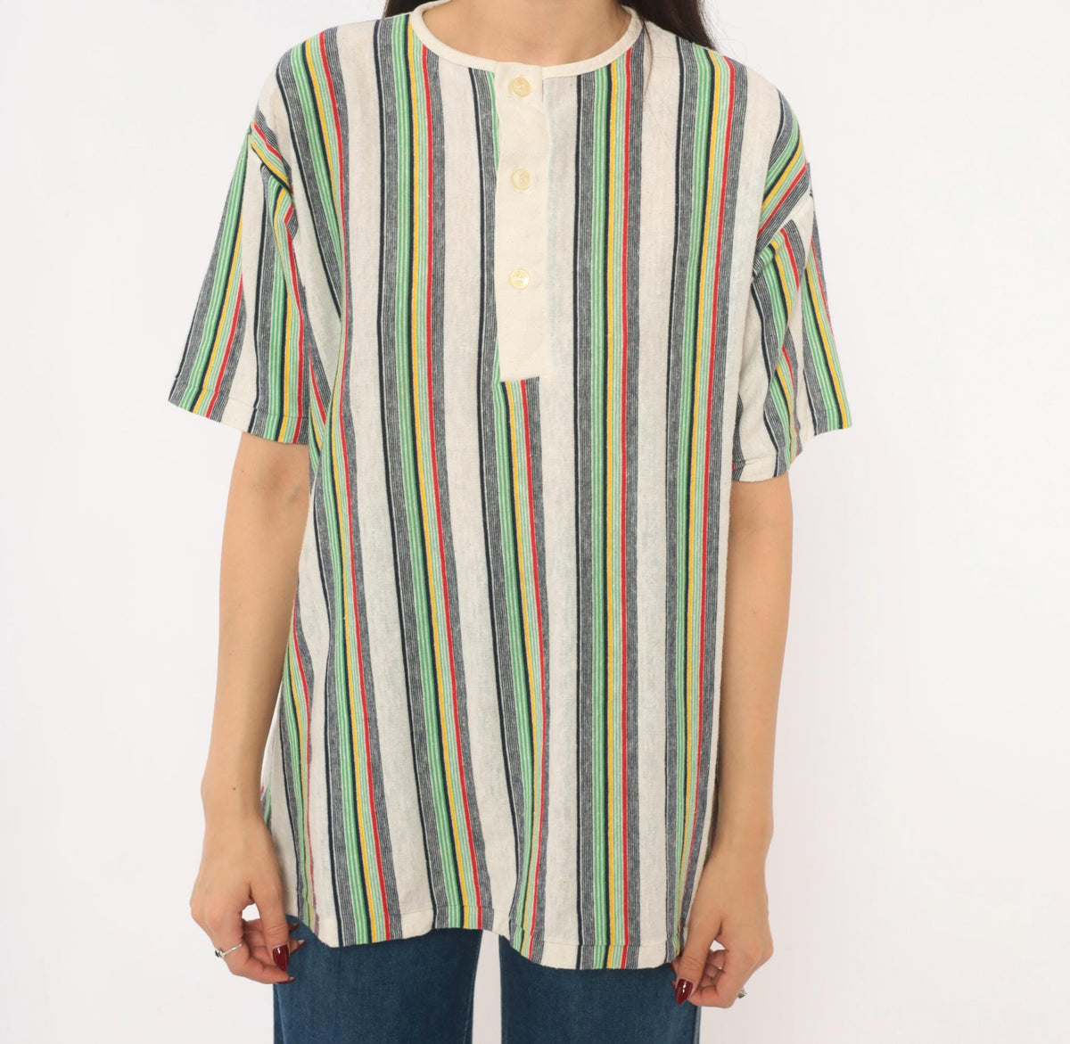 70s Esprit Multicolor Striped Henley Short Sleeve Cotton Shirt Extra Large XL
