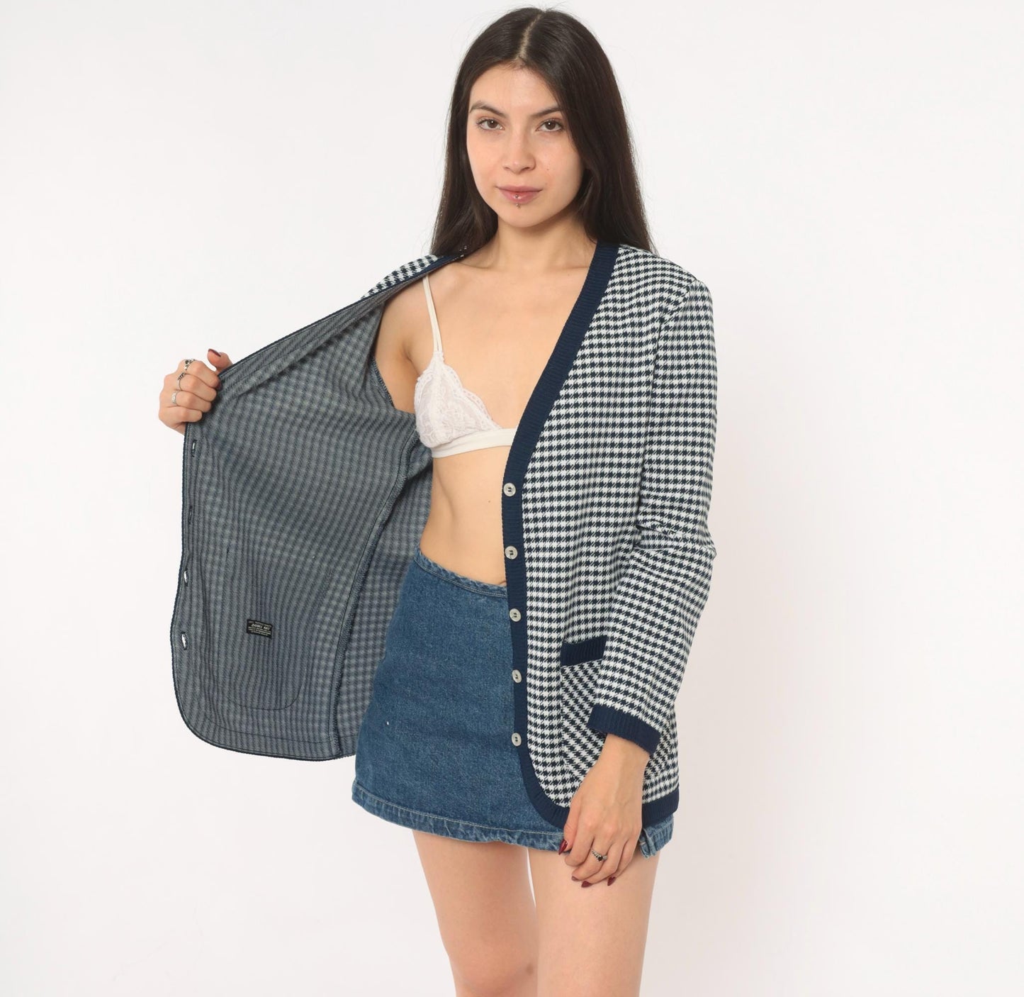 70s Jack Winter Houndstooth Cardigan Navy White Check Knit Medium M