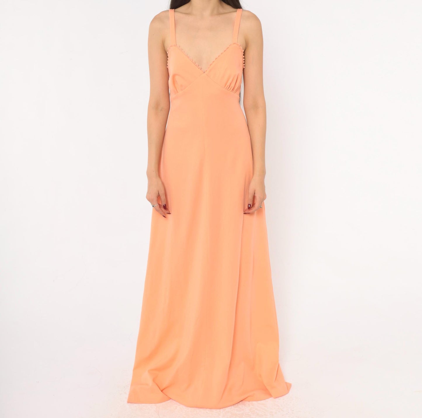 70s Peach Maxi Dress V-Neck Empire Waist Scalloped Lace Spaghetti Strap Medium M