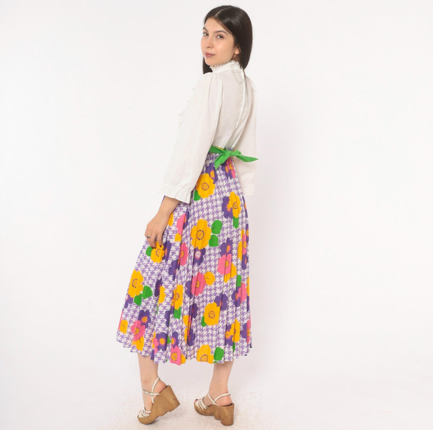 70s Growing Girl Floral Midi Dress Puff Sleeve High Neck White Purple Pink Extra Small XS