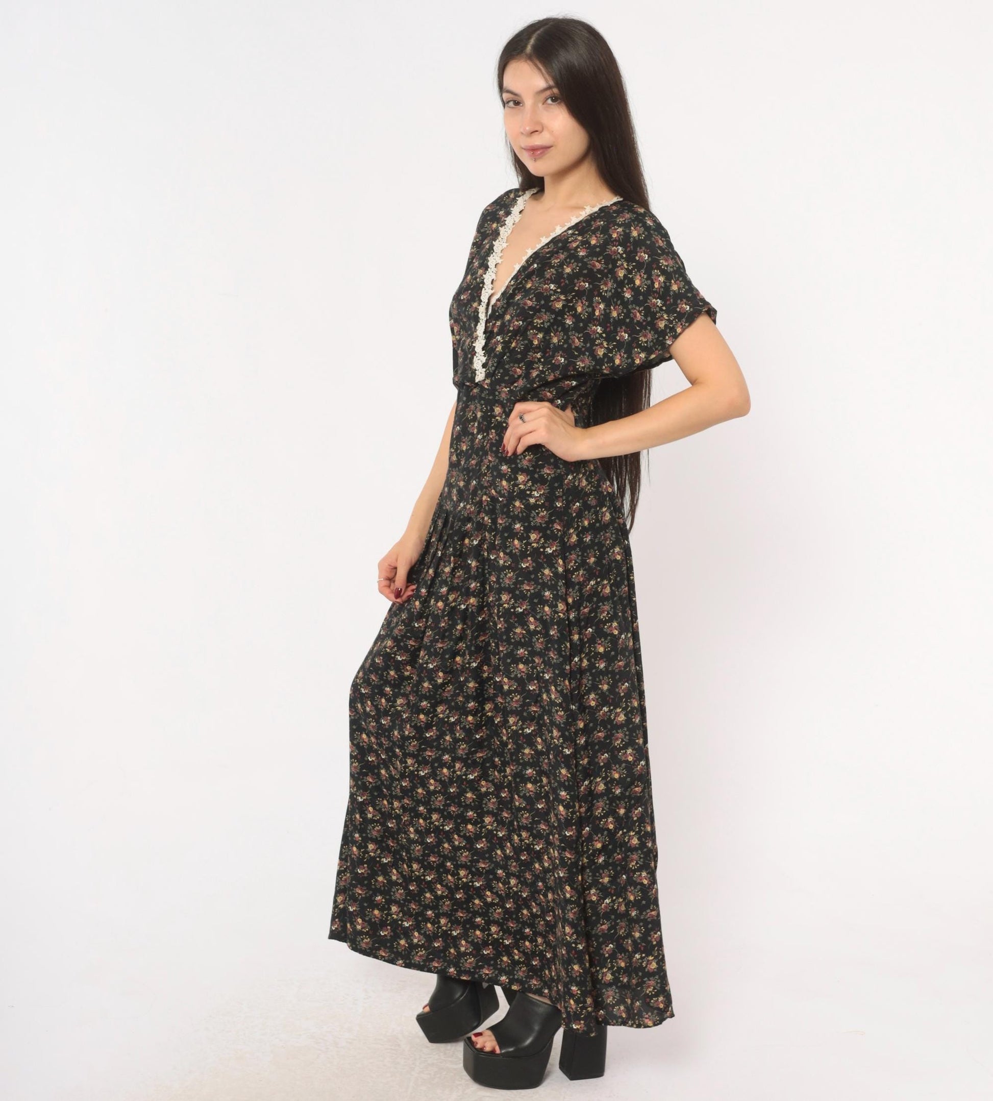 90s Ariana Black Floral Maxi Dress V-Neck Wrap Lace Trim Flutter Sleeve Large L