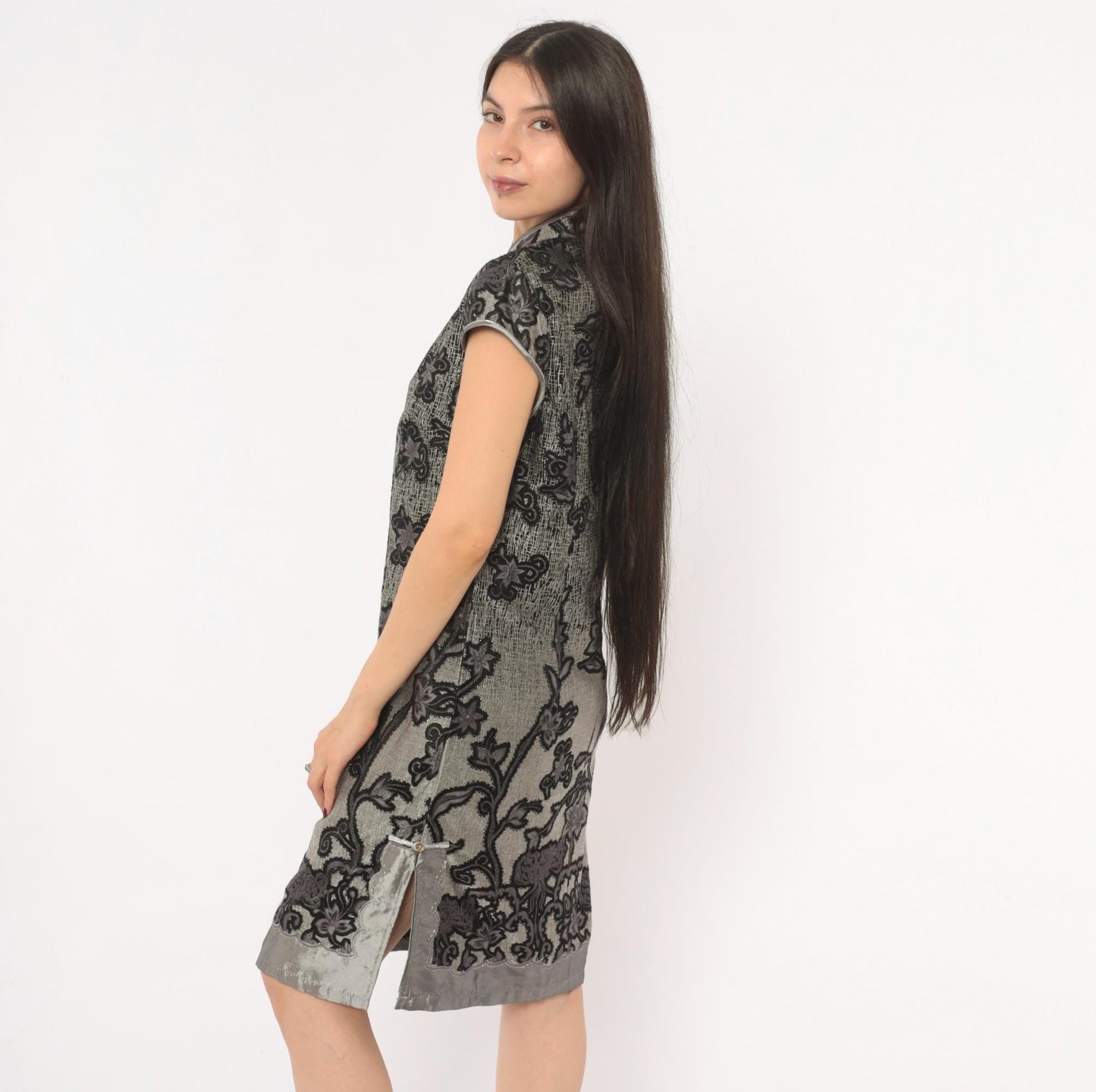 90s Grey Cheongsam Dress Black Floral Embroidered Qipao Mandarin Collar Medium M