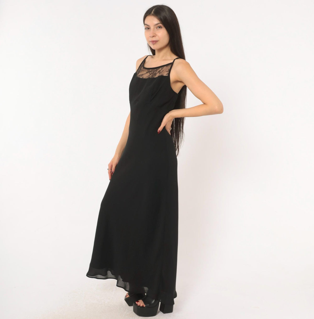 Gunne Sax Black Lace Maxi Slip Dress 90s Spaghetti Strap Low Back Large L