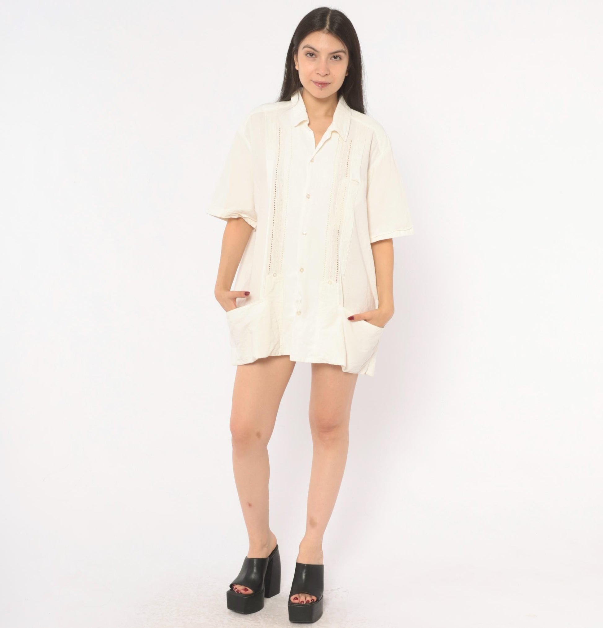 90s Cream Cotton Camp Shirt Pintuck Lace Panel Ivory Mens Large L