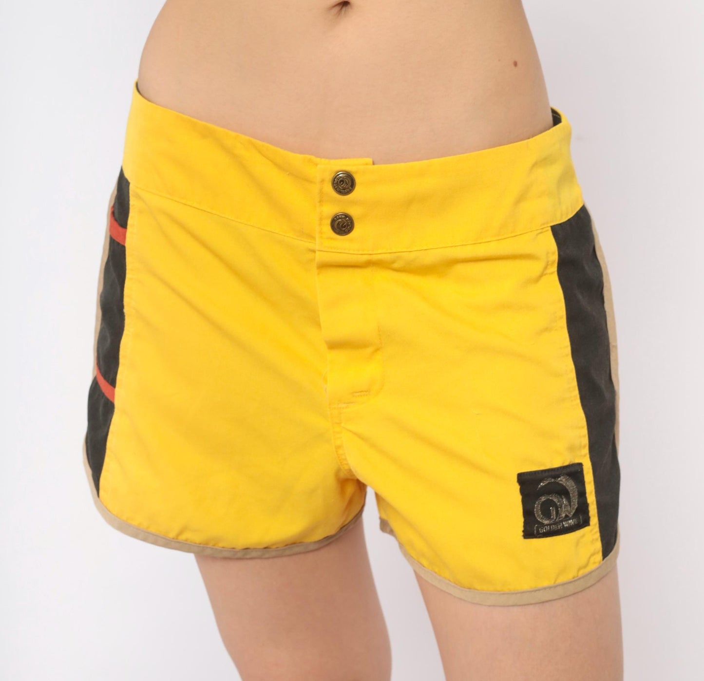 70s Golden Wave Board Shorts Yellow Black Colour Block Cotton Large L