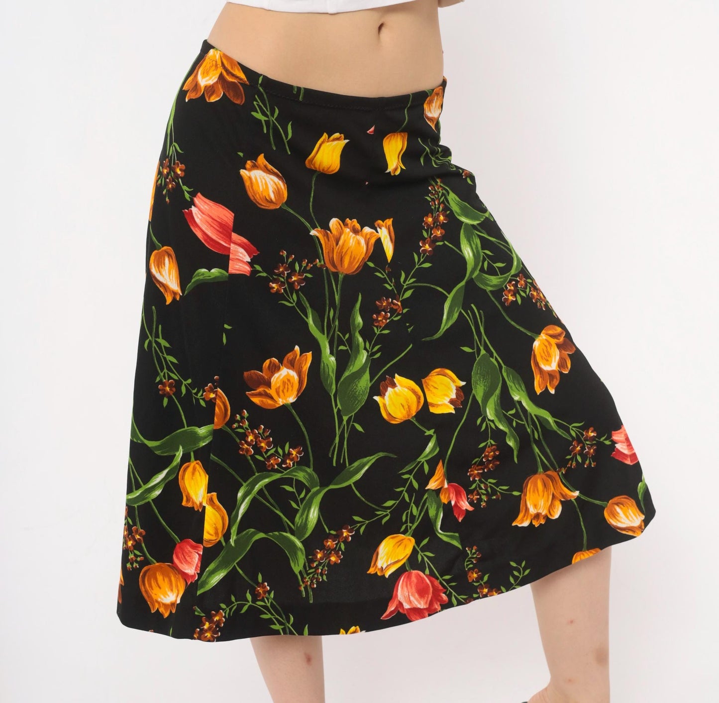 90s St Charmond Tulip Floral A-Line Skirt Black Orange Yellow Medium Large