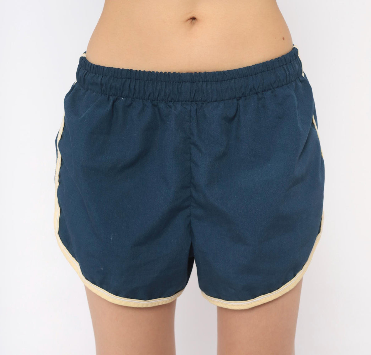 80s Jantzen Navy Running Shorts Cream Piping Dolphin Hem Cotton Medium