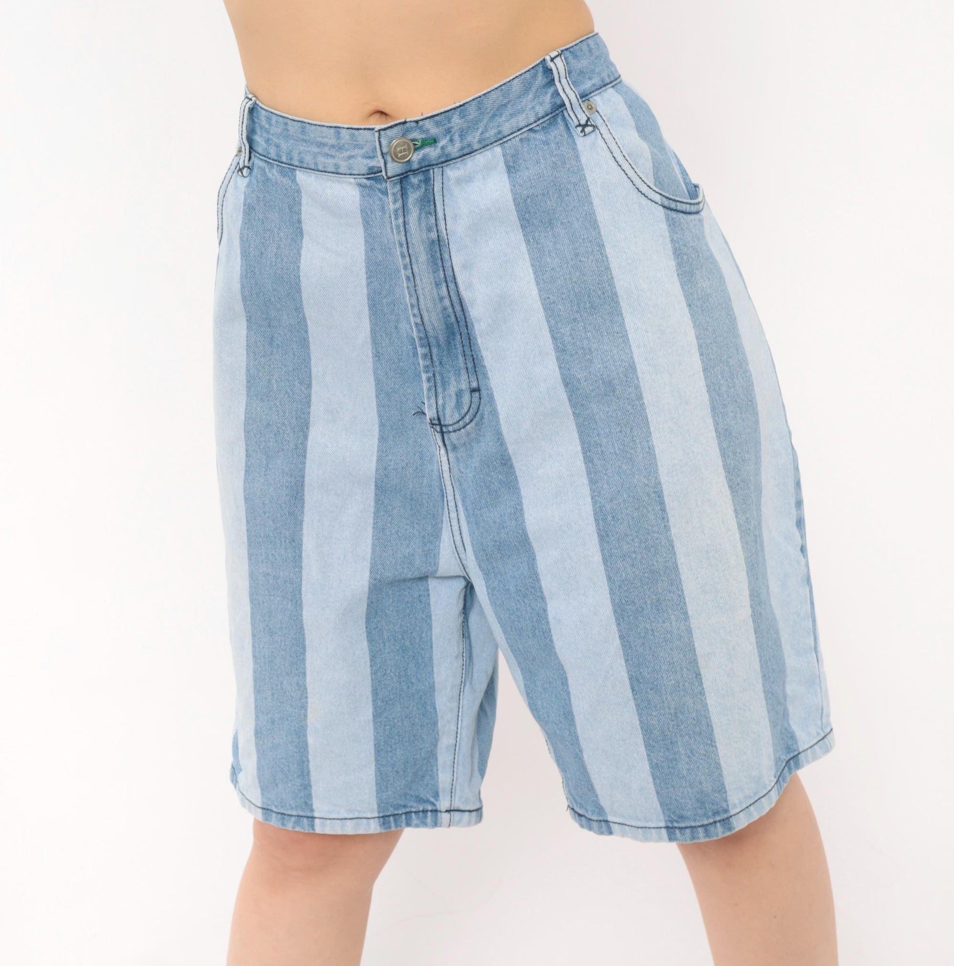 00s Tommy Hilfiger Striped Denim Bermuda Shorts Light Blue High Rise Large L
