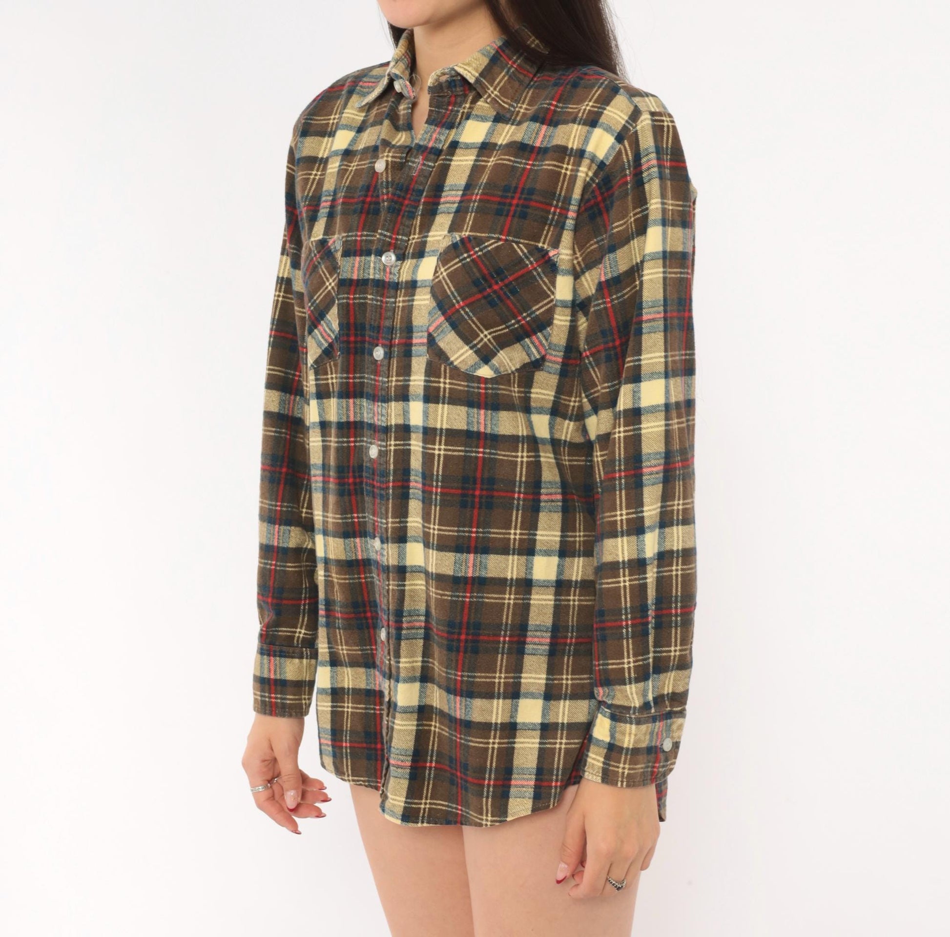 90s Chandler Plaid Flannel Shirt Brown Tan Red Navy Cotton Small S