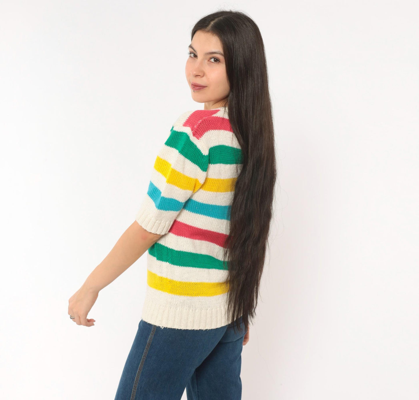 90s Brittania Rainbow Stripe V-Neck Knit Pullover Cream Cotton Medium M