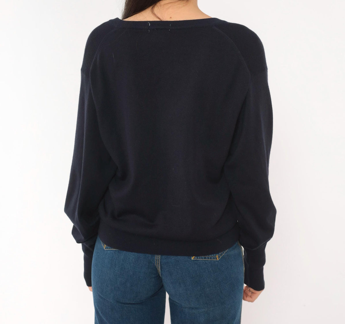80s Izod Lacoste V-Neck Sweater Navy Wool Blend Raglan Pullover Small