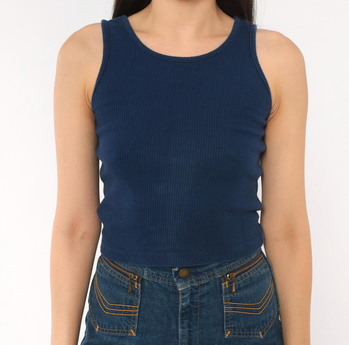 80s Navy Ribbed Tank Top Scoop Neckline Fitted Crop Cotton Extra Small XS