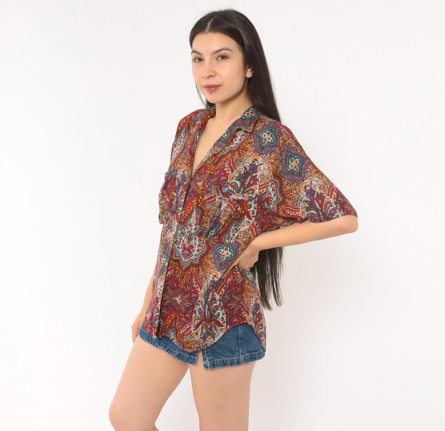 90s Outback Red Paisley Button Front Shirt Camp Collar Purple Medium M