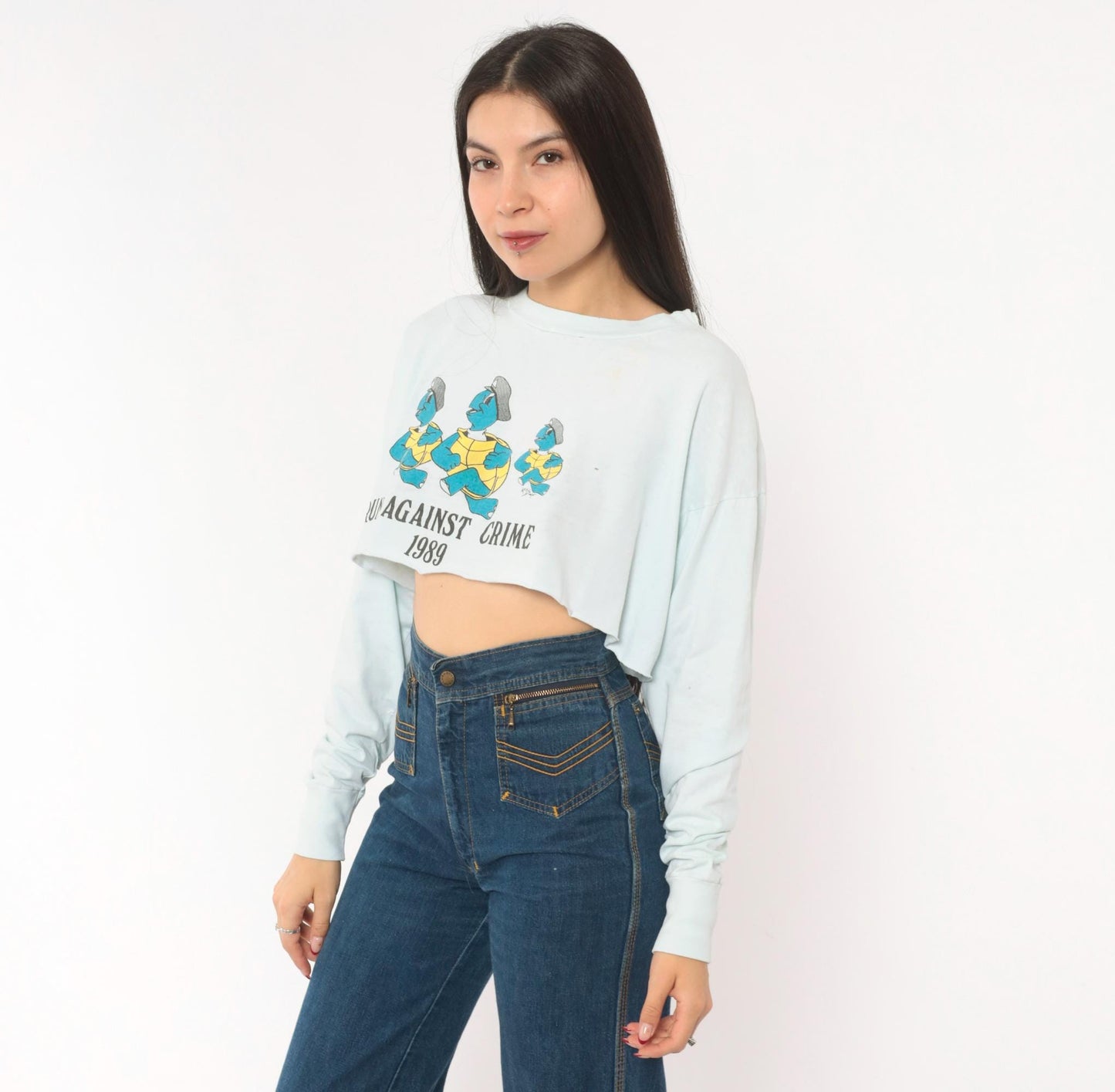 80s Run Against Crime 1989 Cartoon Turtle Police Crop Top Baby Blue Medium