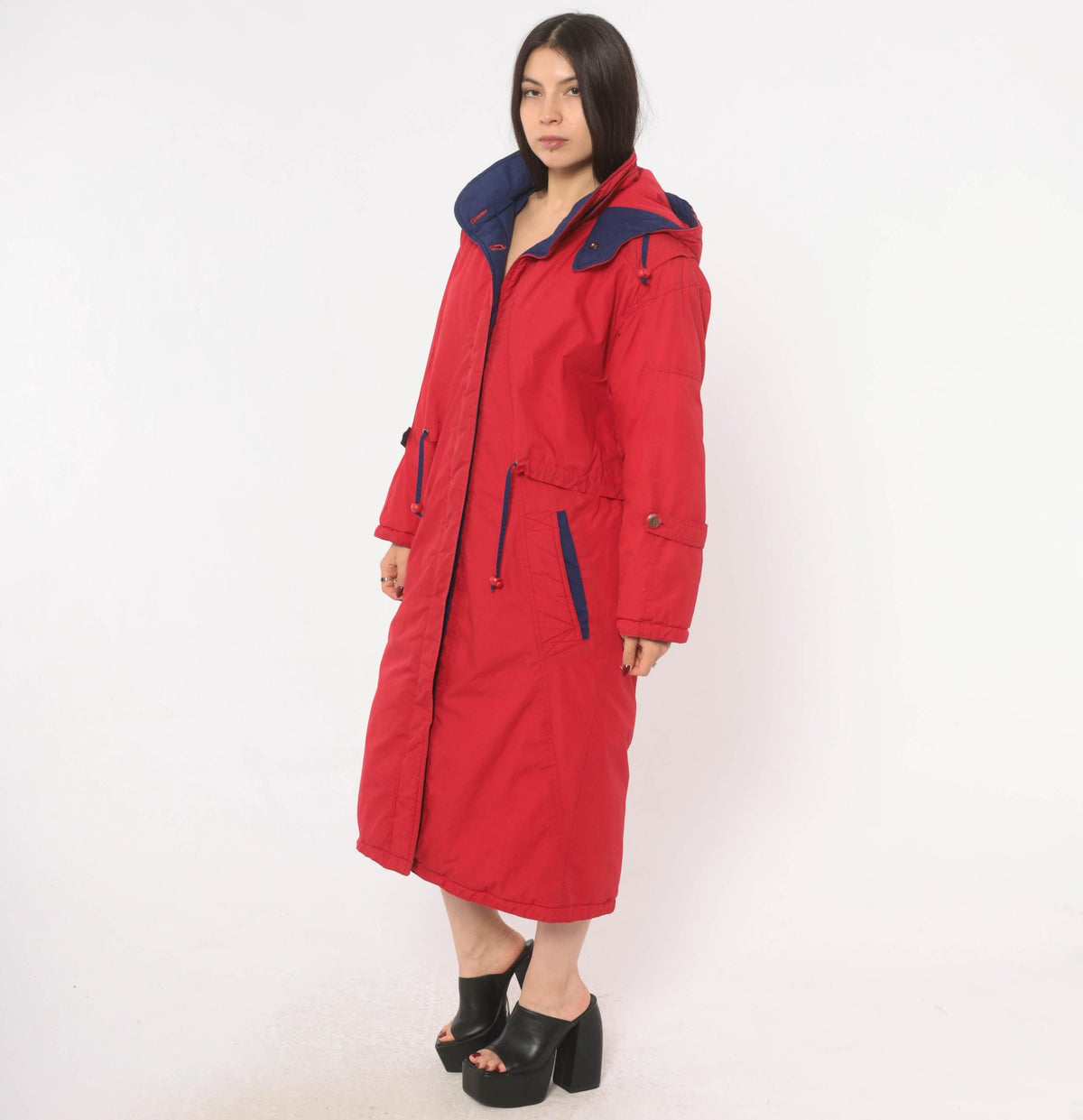 80s Red Duck Down Parka Long Hooded Coat Navy Trim Small S