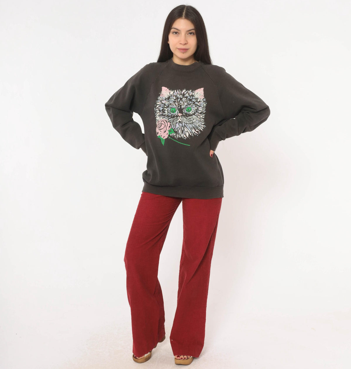 90s Fruit Of The Loom Cat Rose Raglan Sweatshirt Faded Black Large L