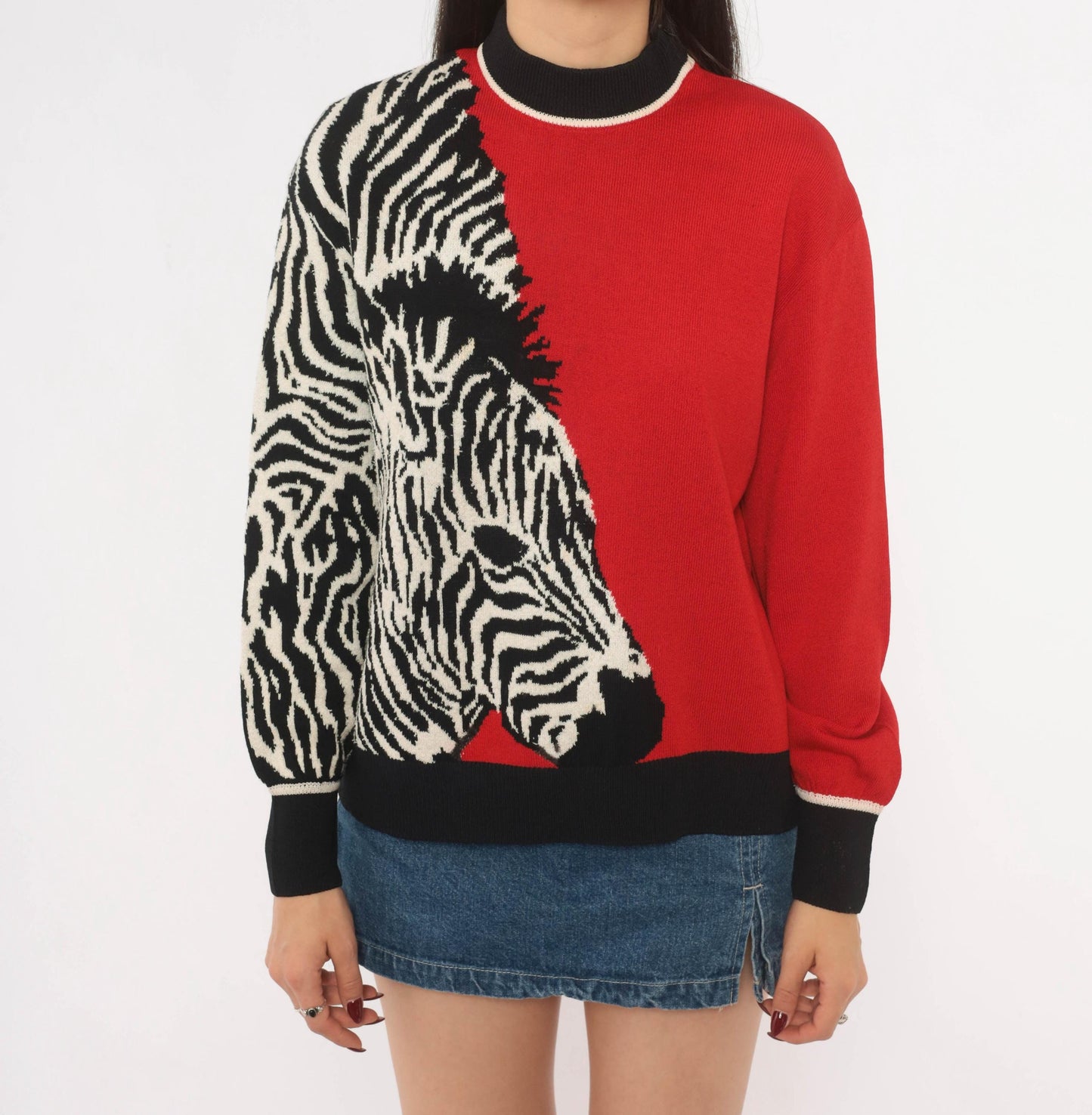 80s St. John Zebra Knit Pullover Red Black Color Block Wool Blend Medium M