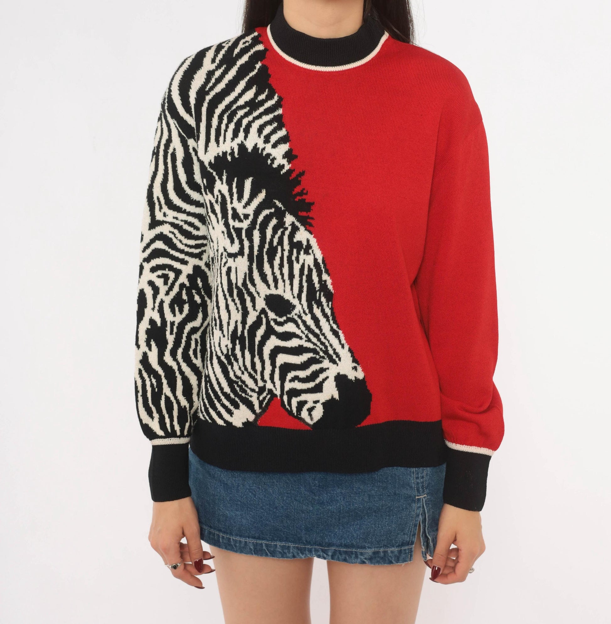 80s St. John Zebra Knit Pullover Red Black Color Block Wool Blend Medium M