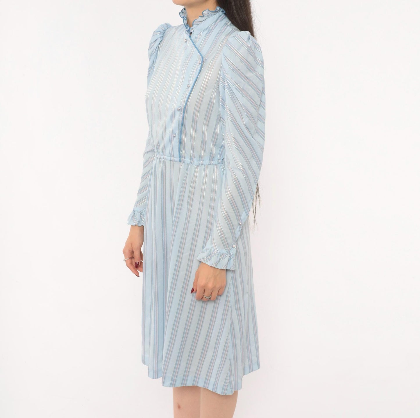80s Jerri Gee Striped Puff Sleeve Dress Pearl Buttons Ruffled Collar Sky Blue Small