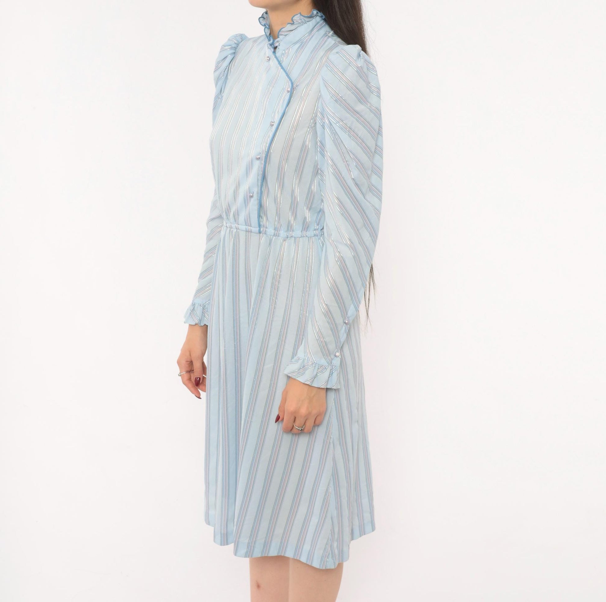 80s Jerri Gee Striped Puff Sleeve Dress Pearl Buttons Ruffled Collar Sky Blue Small