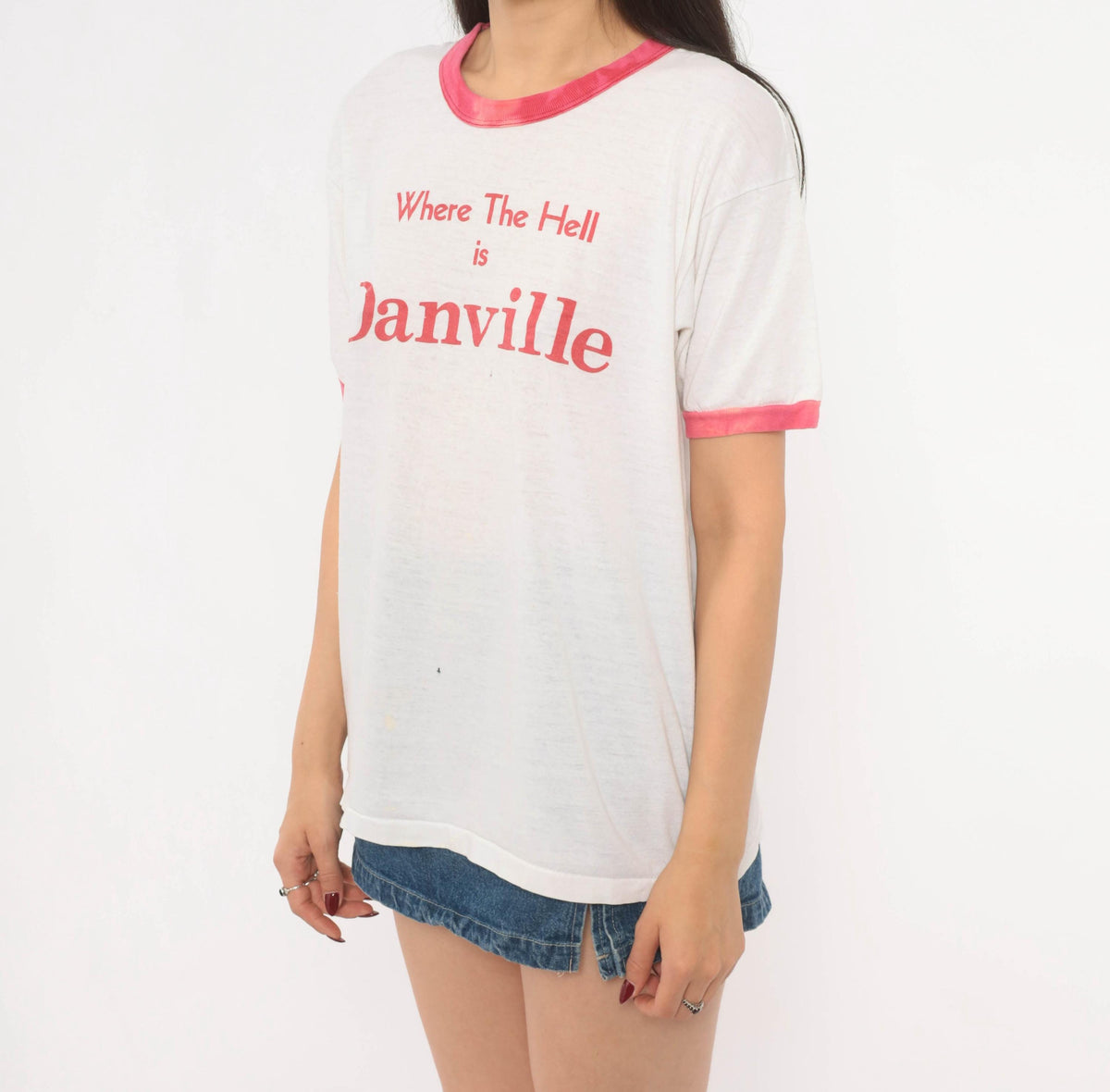 80s Where The Hell Is Danville Ringer Tee White Pink Cotton Graphic Medium