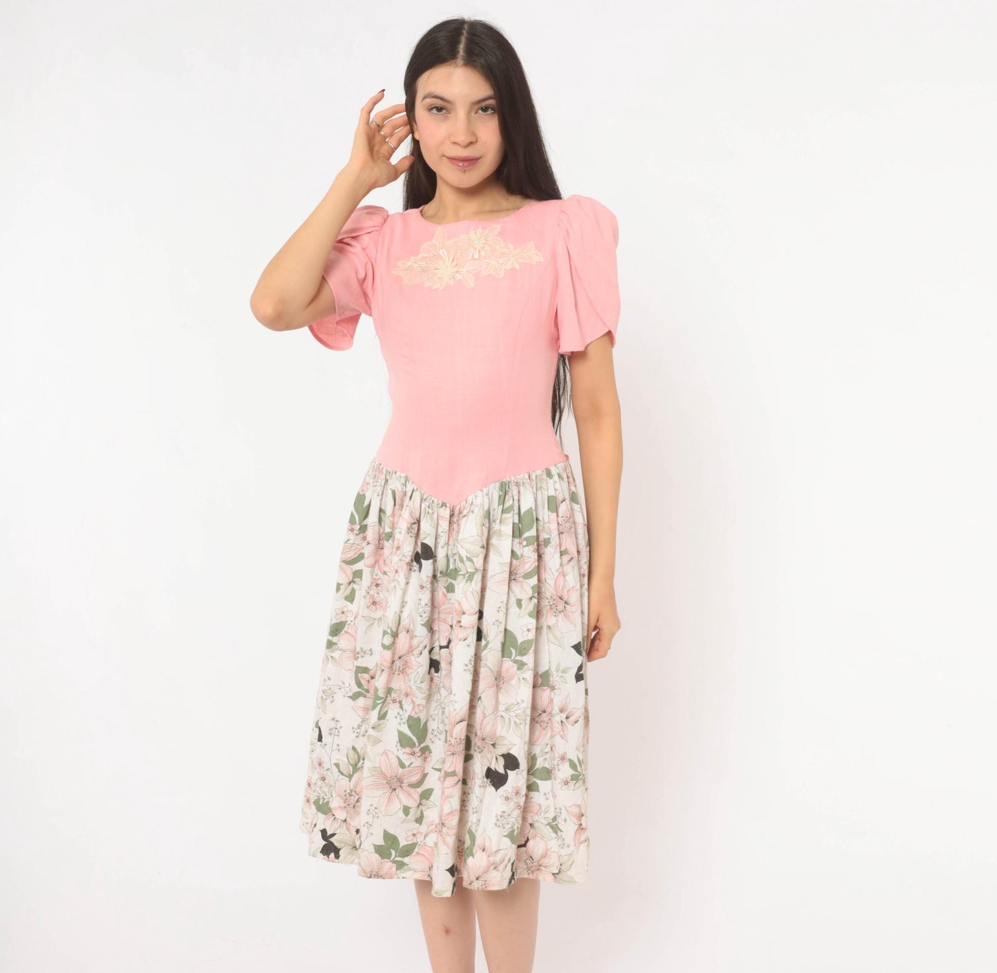 80s Pink Floral Puff Sleeve Dress Bow Back Drop Waist Cotton Small