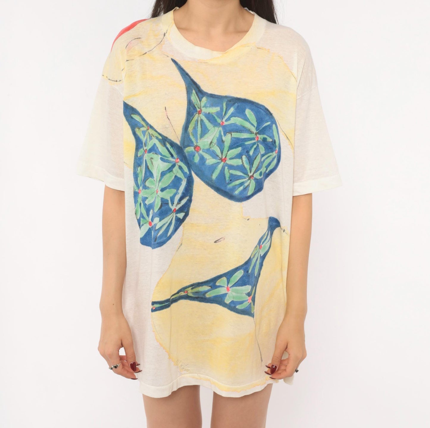 80s Hand-Painted Bikini Woman Tropical Cocktail Graphic Tee Cream Small
