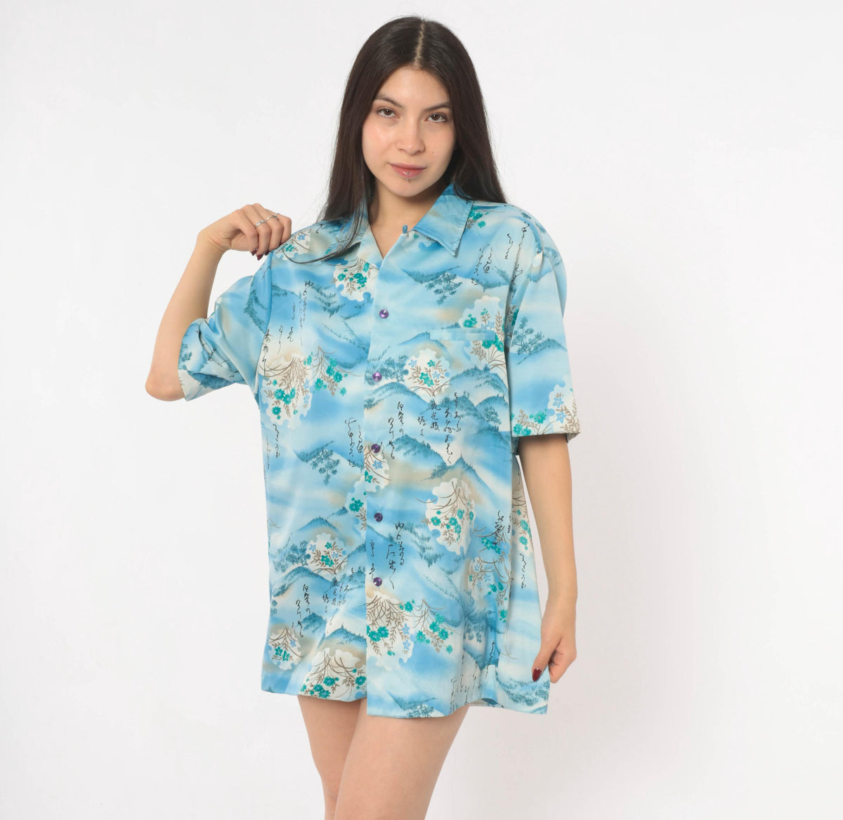 90s Mark Raysten Camp Collar Shirt Japanese Landscape Sky Blue Large L