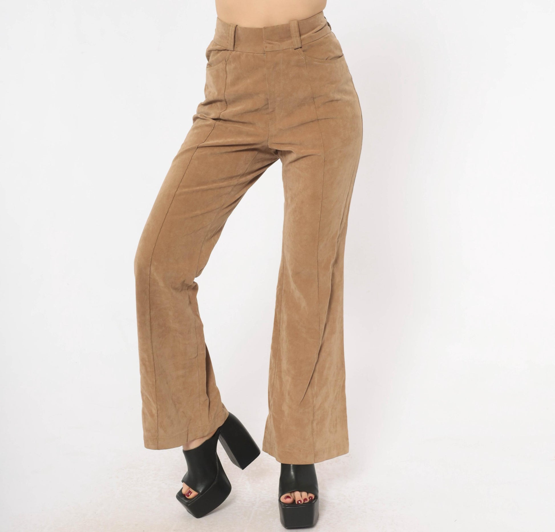 80s Lew Magram Faux Suede Flare Pants Tan High Waist Bell Bottom Small S