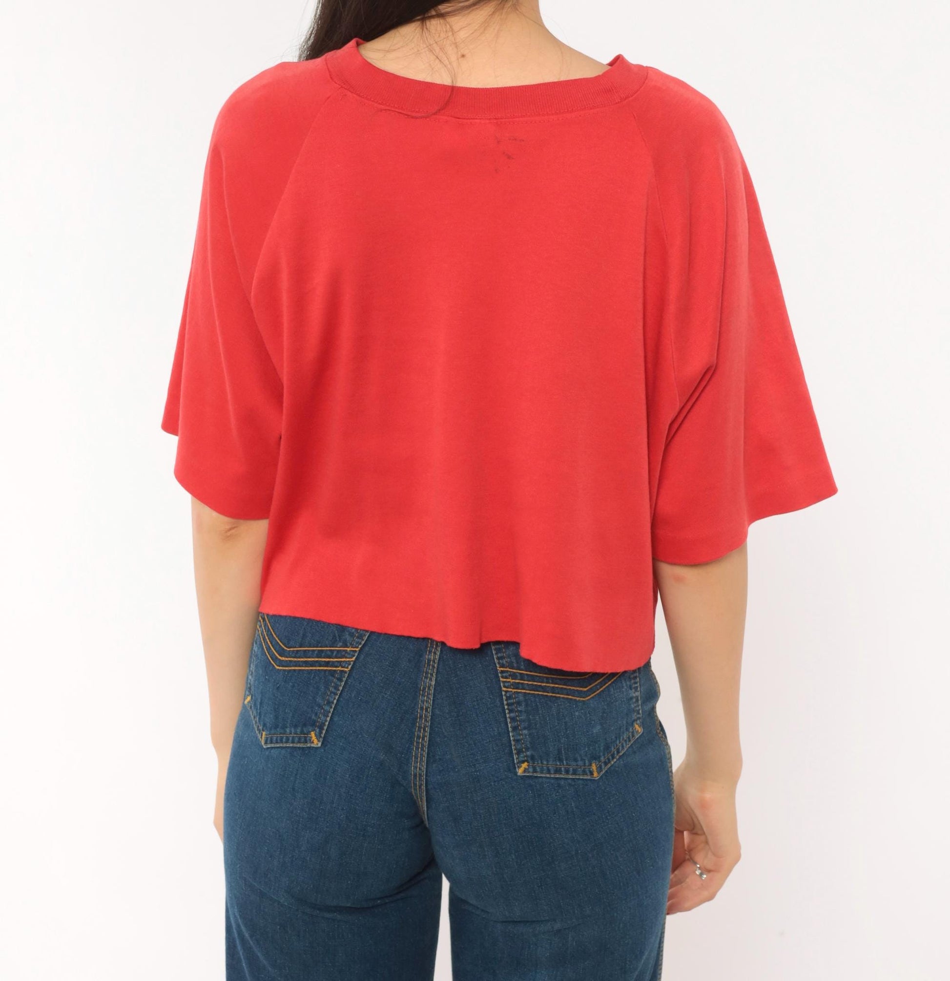80s Hang Ten Red Cropped Raglan Tee Embroidered Logo Cotton Large L