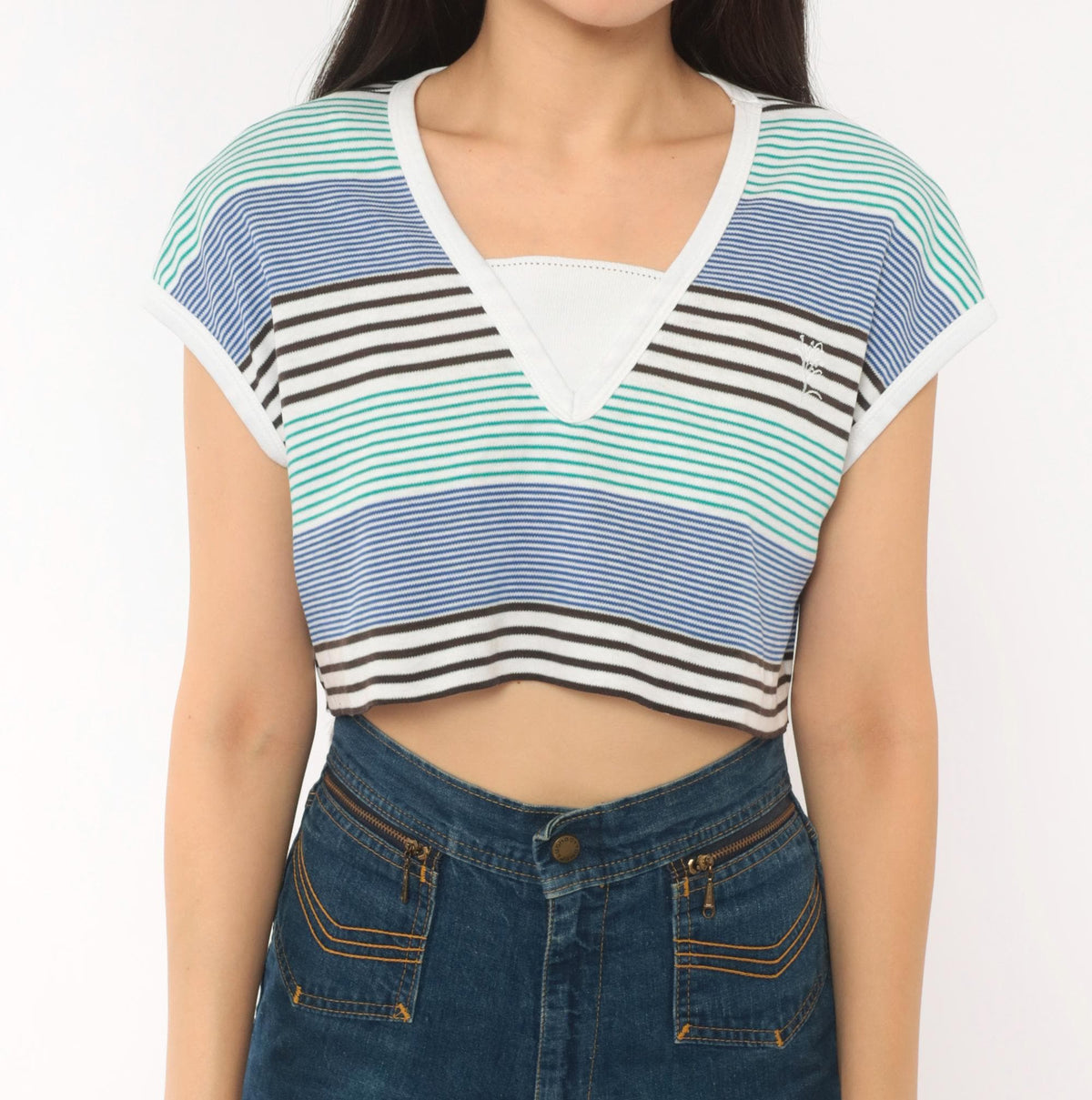 80s Lily's of Beverly Hills Striped Crop Top V-Neck Cap Sleeve Medium
