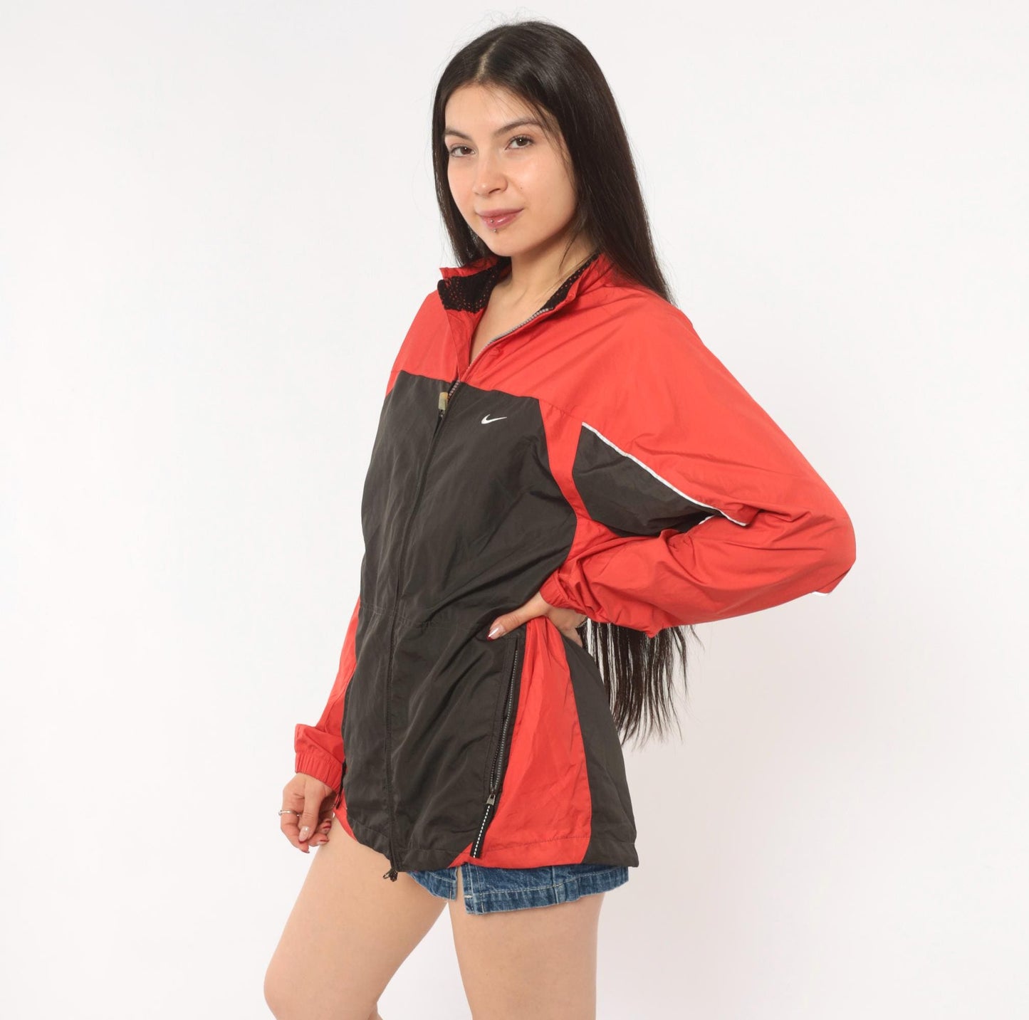 2000s Nike Windbreaker Red Black Color Block Raglan Small S
