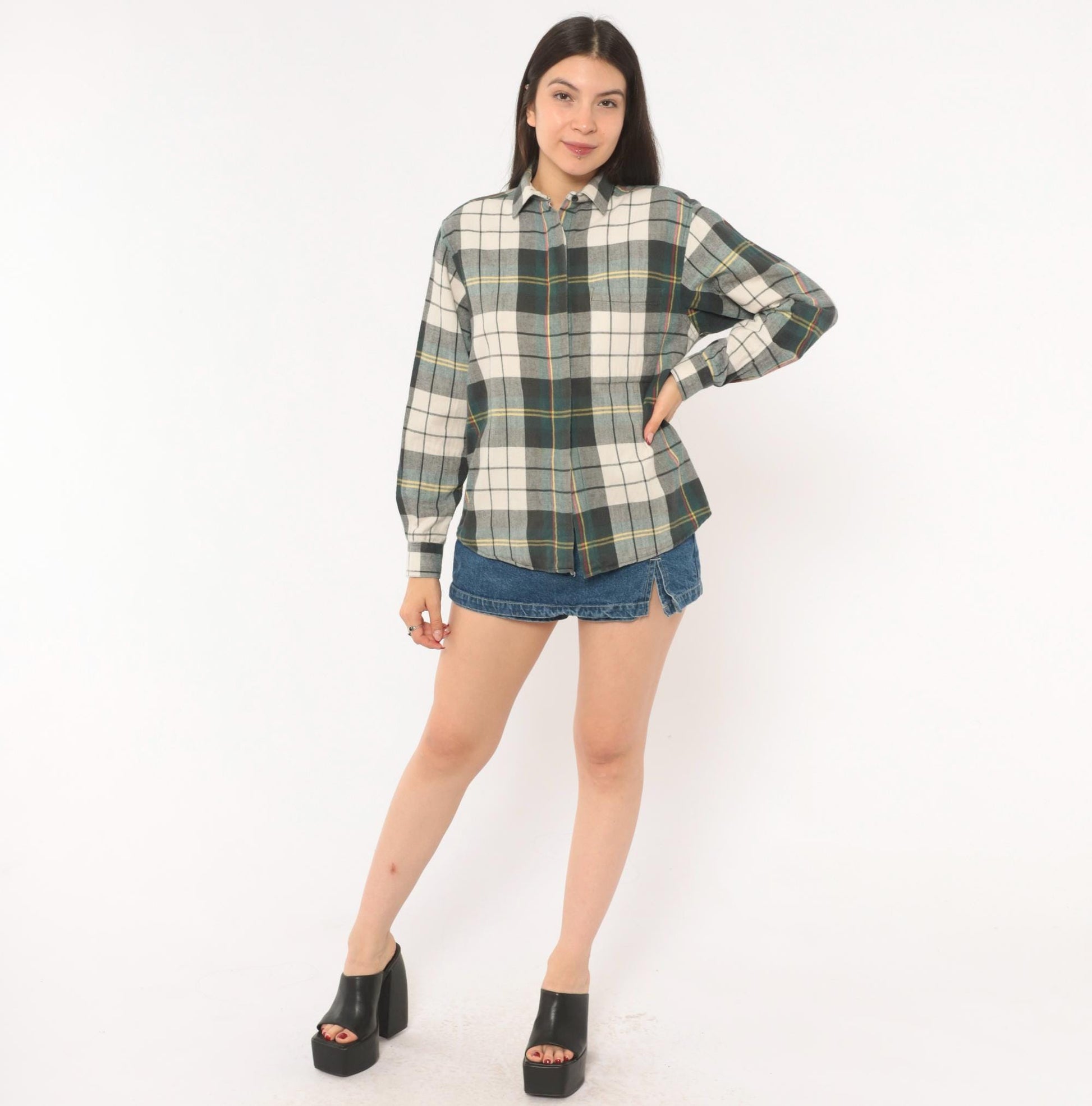 90s Diane Von Furstenberg Plaid Flannel Shirt Grey Green Cream Tartan Blouse