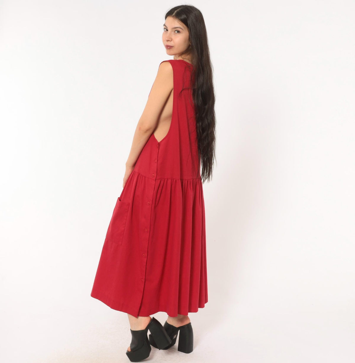 90s Carmel Crimson Red Maxi Dress Drop Waist Sleeveless Scoop Neck Large L