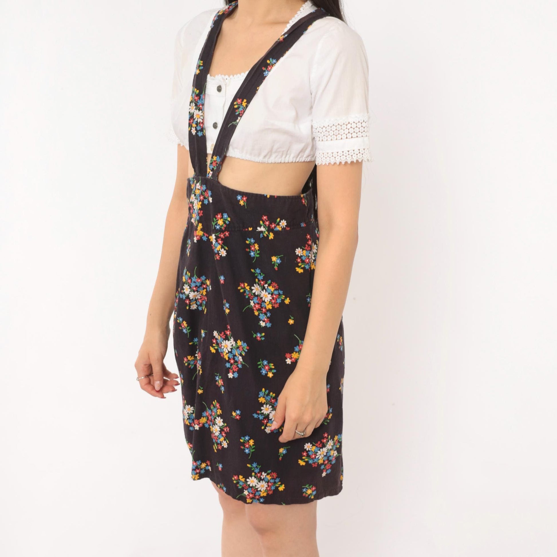 70s Black Floral Suspender Mini Dress Cotton Wildflower Print Small S