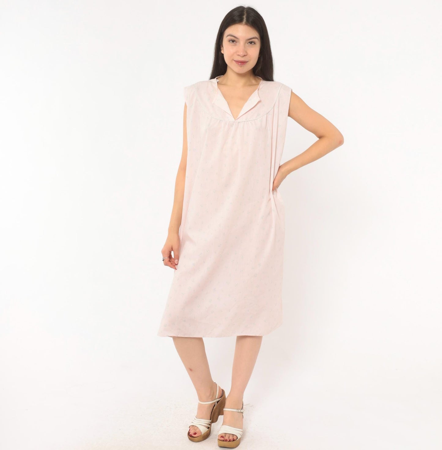 80s Pink Floral Sleeveless Nightgown Cotton V-Neck Knee-Length Extra Large