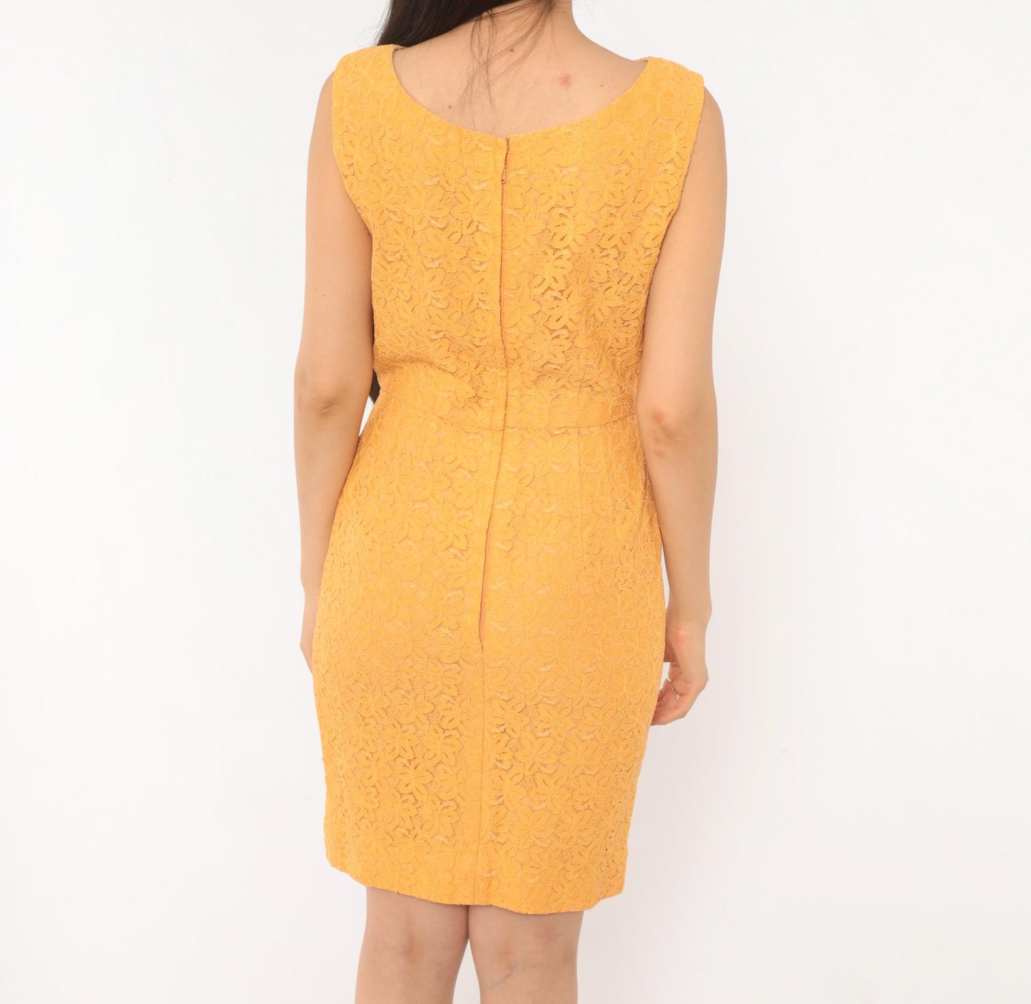 60s Golden Orange Lace Sheath Dress Boat Neck Sleeveless Knee Length Small