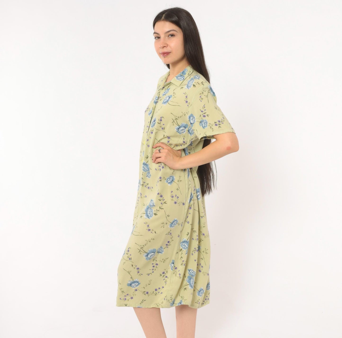 90s Sage Green Floral Shirt Dress Blue Rose Print Midi Medium M