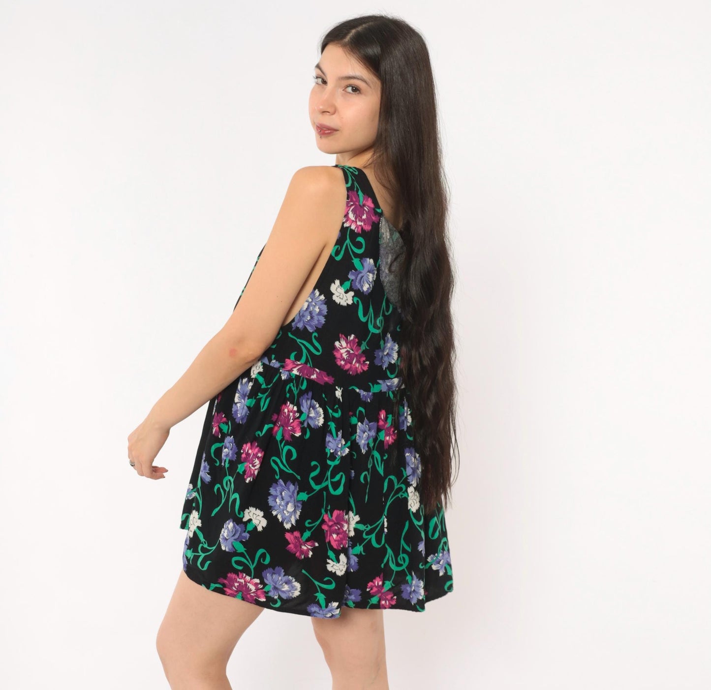90s Katy D Floral Babydoll Mini Dress Black Empire Waist Scoop Neck Medium M